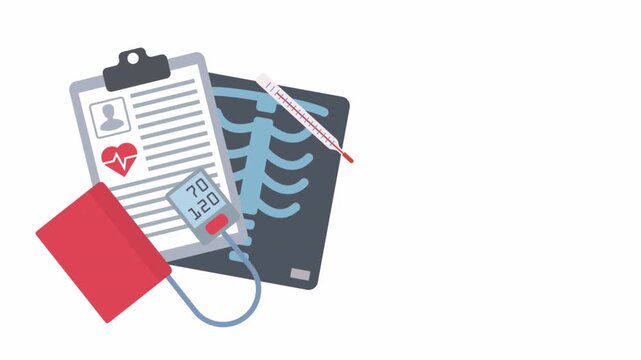 Medical examination tools including clipboard x-ray and blood pressure monitor.