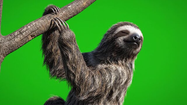 Realistic 3D animation of a three-toed sloth hanging on a branch and slowly turning its head against a bright green screen background
