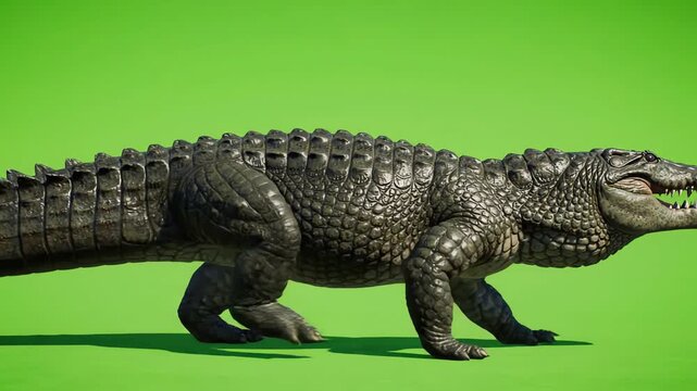 Realistic 3D crocodile walking slowly across a bright green screen background with detailed scales and sharp teeth visible in motion