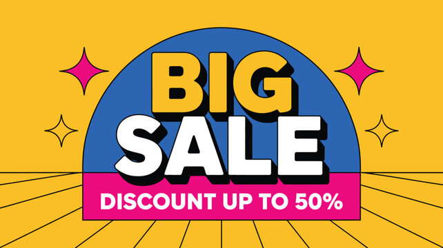 Vibrant big sale announcement on a retro pop art background with stars and discount text
