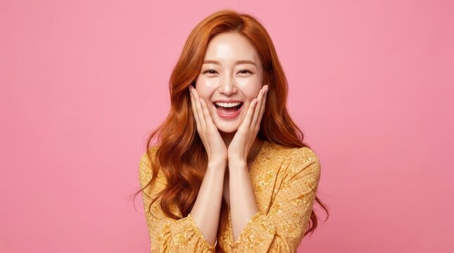 Portrait of a happy young woman with red hair touching her face