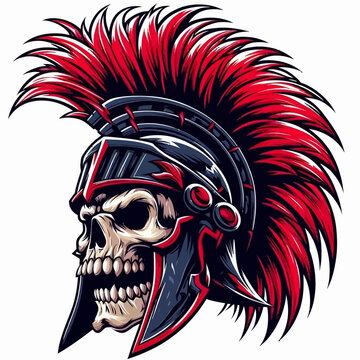 A detailed illustration of a skull wearing a Roman-style helmet with a prominent red plume.