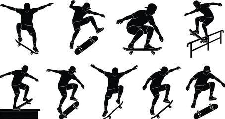 Skateboarder silhouettes collection vector set displaying extreme street sports stunts jumps grinds and midair tricks maneuvers © MSTRAZINA
