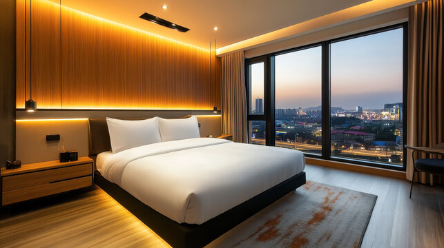 Modern bedroom interiors large window and warm led lighting