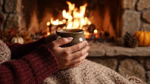 cozy autumn evening, person warming hands around a steaming mug of coffee or tea by a crackling fireplace, soft blankets, fall decor like pumpkins and pinecones, comfort and relaxation