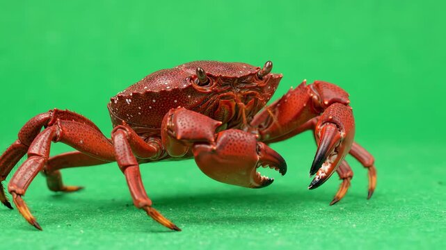 Realistic crab walking sideways across a vibrant green screen background while moving its sharp claws