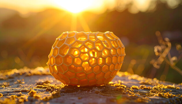 Decorative honeycomb lantern glowing at sunset outdoors