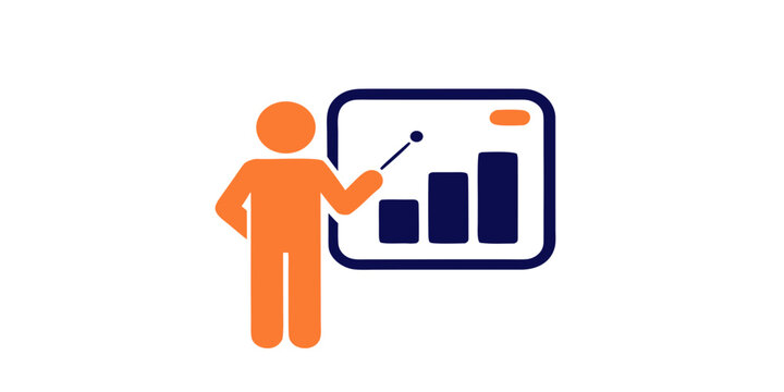 Business presentation icon showing person pointing at chart on screen, minimal flat vector style, isolated on white background