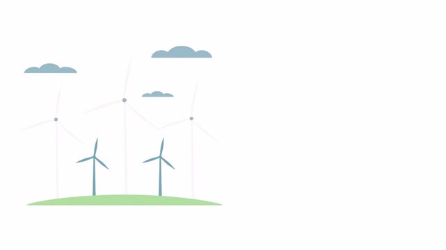 Minimalist Animated Wind Turbines Generating Renewable Green Energy.