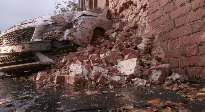 A car has crashed into a brick wall, debris scattered everywhere