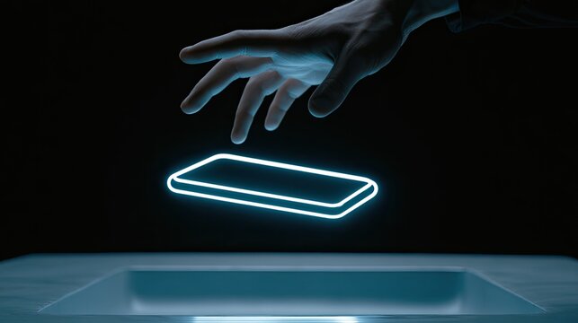 Hand reaching for a glowing digital outline of a smartphone above a surface