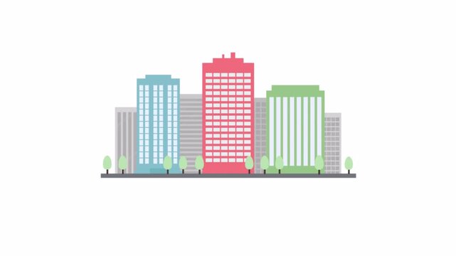 Minimalist modern city skyline with colorful office buildings and trees.