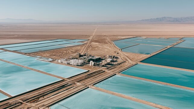 Vast industrial ponds of varying blue hues in a desert landscape