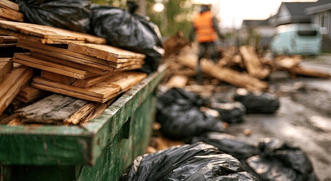 Overflowing dumpster and trash bags by wooden debris