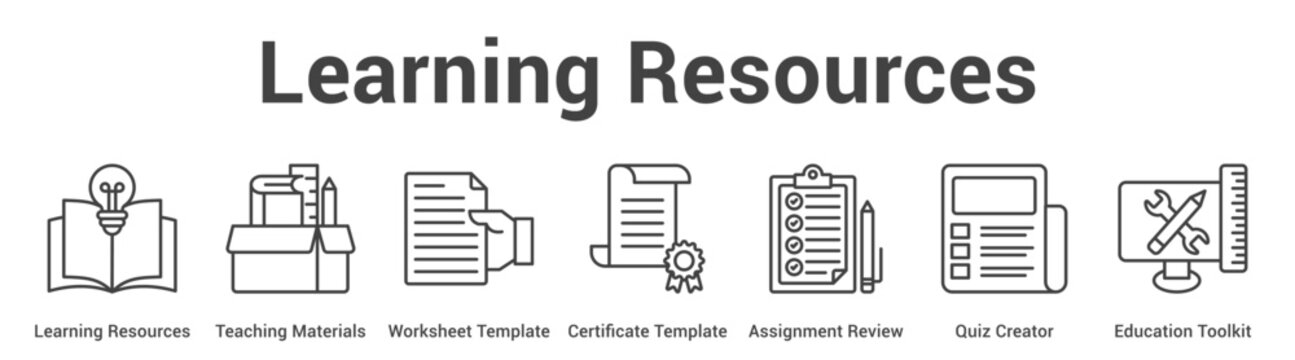 Learning Resources web banner icon vector illustration concept for business with icon of Learning Resources, Teaching Materials, Worksheet Template, Certificate Template, Assignment Review, Quiz.