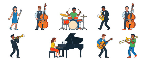 Diverse musicians playing instruments in flat design style. © Hidan