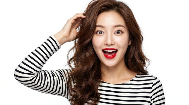 Surprised young woman with wavy brown hair wearing a striped shirt isolated on white background
