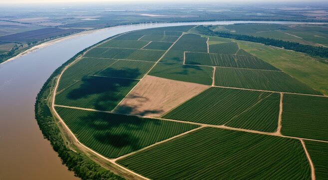 Aerial view of a vast riverbend filled with geometrically organized agricultural fields
