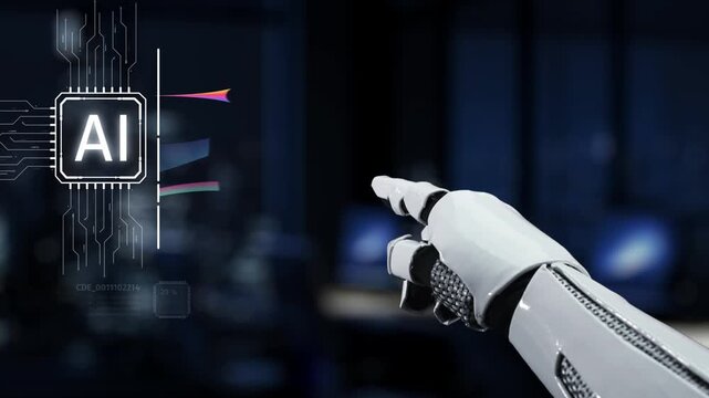 A robotic hand points towards a vivid artificial intelligence dashboard featuring dynamic data visualizations, showcasing the intersection of technology and innovation in a modern workspace. Synapse