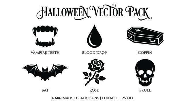 Halloween vector icons set featuring vampire teeth blood drop coffin bat rose and skull elements