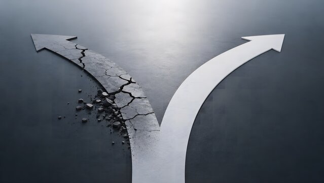 Forked road decision concept with broken cracked path and smooth white arrow symbolizing business strategy choice and future direction