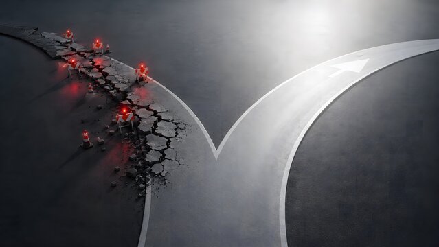Forked road arrow concept with warning barricades on broken path symbolizing risk management safety and strategic business direction