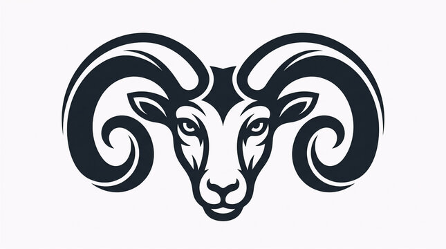 Stylized ram head logo with bold curved horns, minimalist black vector illustration isolated on white background