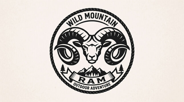 Stylized ram head logo with bold curved horns, minimalist black vector illustration isolated on white background