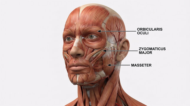 Detailed human facial muscle anatomy illustration showing head musculature and skull structure isolated on a white background