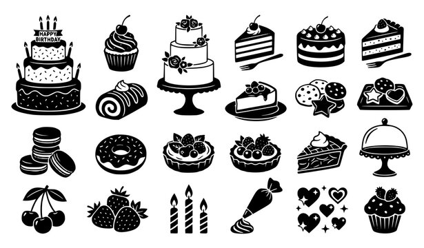 Cake and Slice Silhouette Icon Set Birthday Dessert Bakery Sweet Food Black White Vector Collection