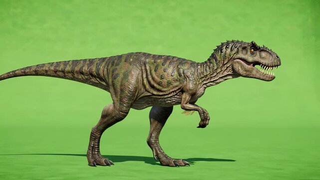 Realistic velociraptor dinosaur walking across a bright green screen background with smooth predatory movements