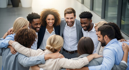 Fototapeta premium Diverse corporate business team standing in circle hugging and celebrating success