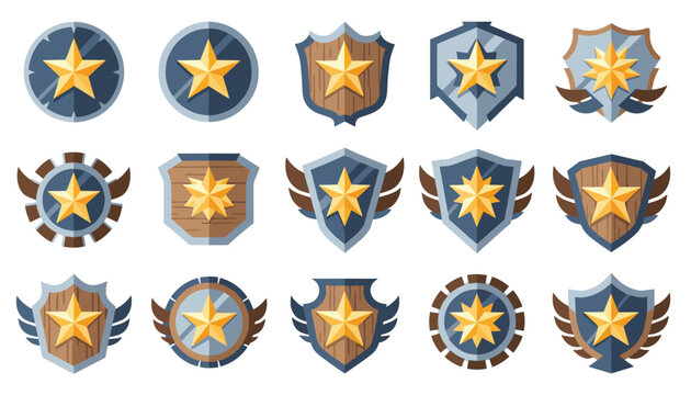 Set of fifteen golden star shields and security badges with wings and ribbons for fantasy game interface design.