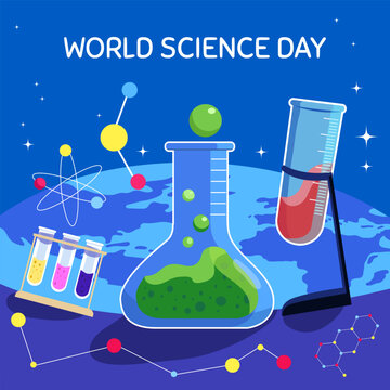 World Science Day Illustration with Laboratory Glassware, Chemistry Experiments, Atom Model and Earth Background Flat Vector
