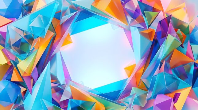 Abstract 3D sharp crystal and pyramid geometric frame with bright glowing central copy space