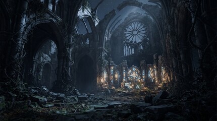 Naklejka premium Ruined gothic cathedral at night with glowing magical runes