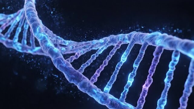Glowing Blue DNA Double Helix Rotating with Futuristic Digital Rendering and Particles