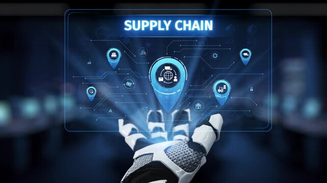 A futuristic robotic hand interacts with a digital interface showcasing supply chain management symbols, representing advanced technology in logistics and data processing. Synapse