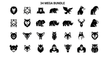 Obraz premium Wild Animal Icons: Lion, Tiger, Bear, Wolf, Eagle, Fox, Deer, Gorilla, Rhinoceros