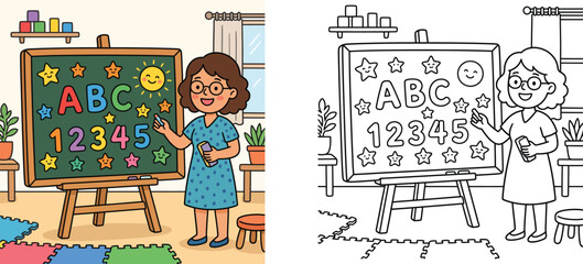 Cute cartoon teacher pointing at blackboard with letters and numbers, vector illustration and coloring page set for preschool kids education © MSTA