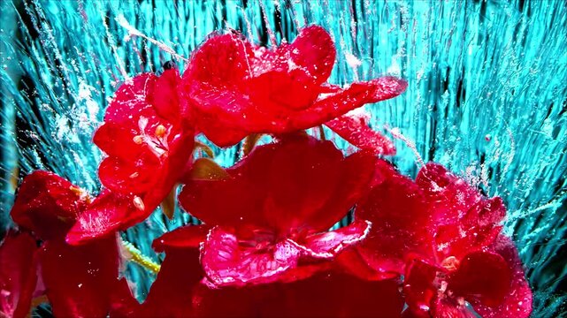 Red geranium flowers drenched under heavy rain against abstract