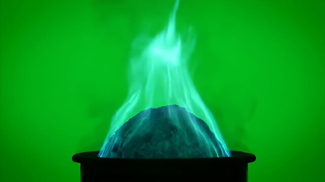Chemical reaction burning with a vibrant blue and green flame on a chroma key green background