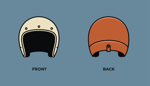 Front and back views of a vintage open-face motorcycle safety helmet in cream and brown on a blue-grey background.