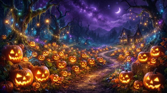 Enchanted halloween pumpkin patch at night