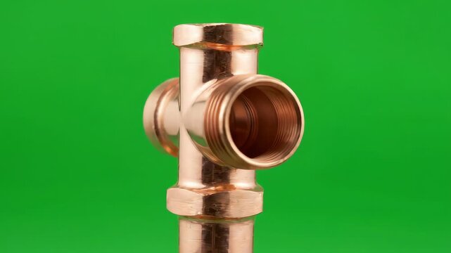 Shiny copper tee plumbing pipe fitting rotating slowly on a bright green screen background for chroma key editing