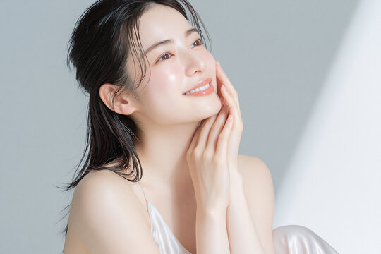 透明感のある笑顔の美しい白い肌の女性。 美容、スキンケア、素材。モダンな質感。