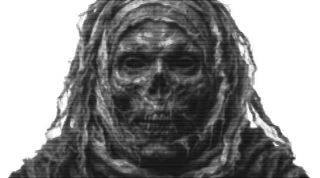 Halftone mummy face emerging from bandages vector art