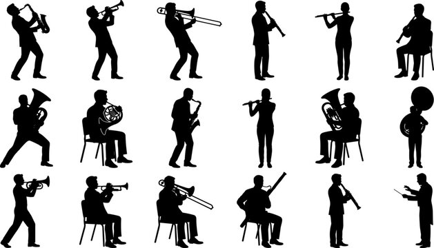 Musicians playing wind instruments silhouettes set including trumpet saxophone flute trombone and conductor