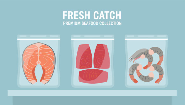 Premium fresh seafood catch in plastic zipper bags featuring a raw salmon steak, red tuna fillets, and raw shrimps.