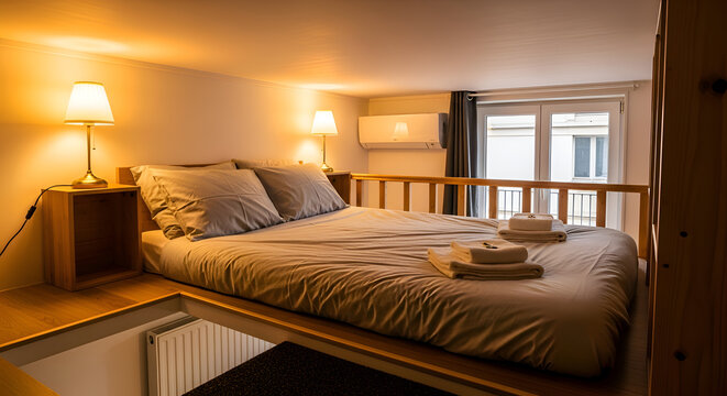 Cozy loft bedroom with comfortable bed warm lighting and modern air conditioning unit